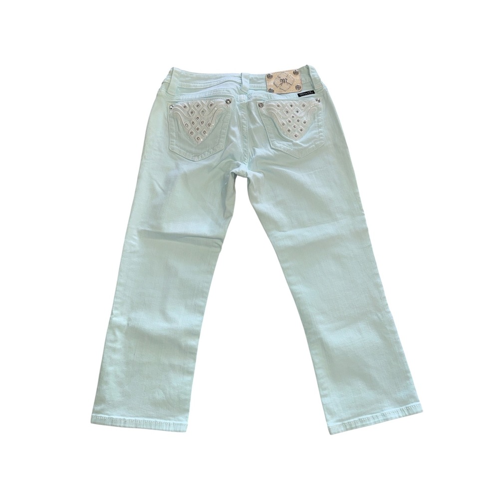 Miss Me Signature Cuffed Capri Jeans Blue Glass Embellished 29 JW9012P2 Aqua